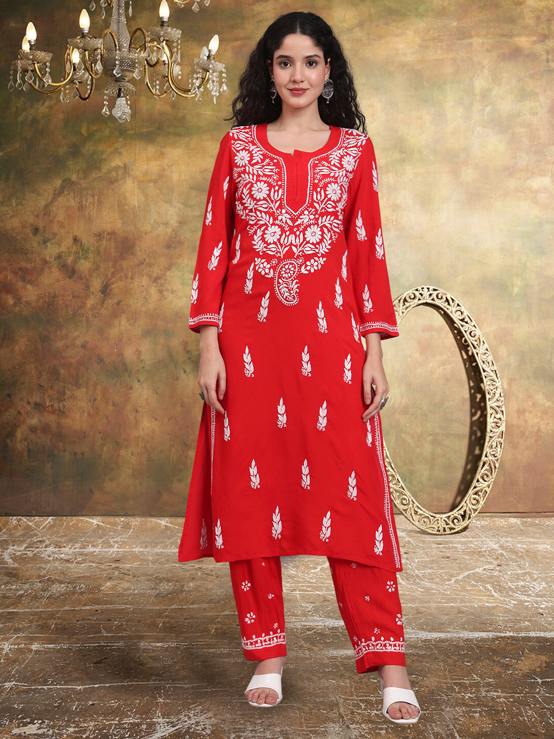 Women Hand Embroidered Chikankari Rayon Kurta set-AL3451KS Redandwhite