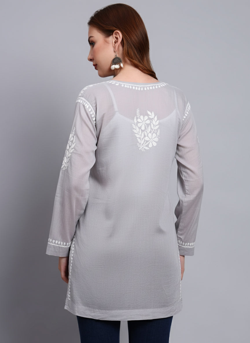 Women Hand Embroidered Chikankari Mulmul Short Top -AL3724 Grey