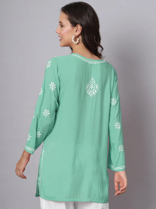 Women Hand Embroidered Chikankari Modal Kurti-AL3611 Dark SeaGreen