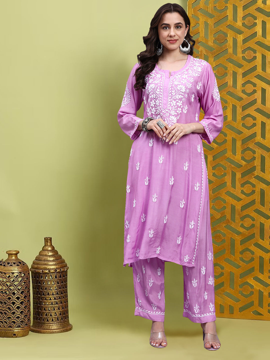 Women Hand Embroidered Chikankari Muslin Kurta Set-AL4114KS New