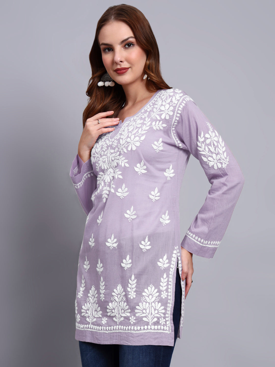 Women Hand Embroidered Chikankari Mulmul Short Top -AL3724 Mauve