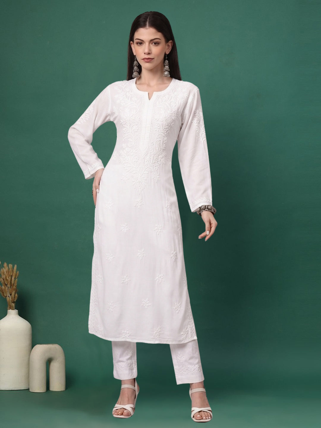 Women Hand Embroidered Modal Chikankari Kurta-AL4059 White