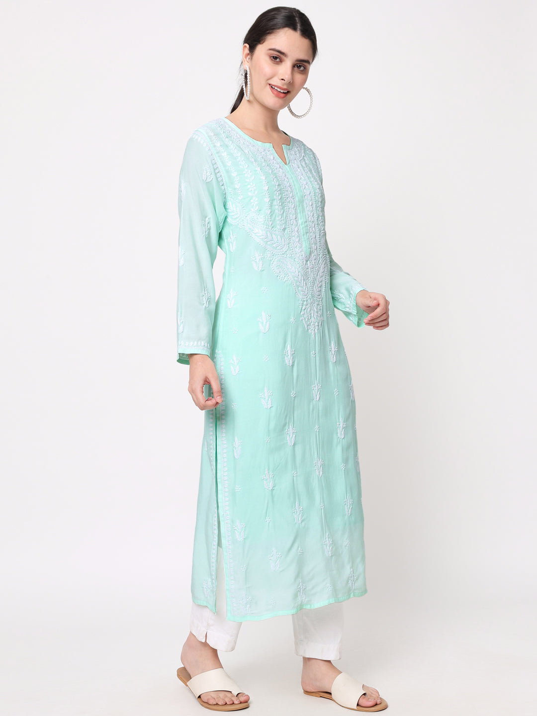 Women Hand Embroidered Chikankari Modal Kurta-AL3584 Seagreen