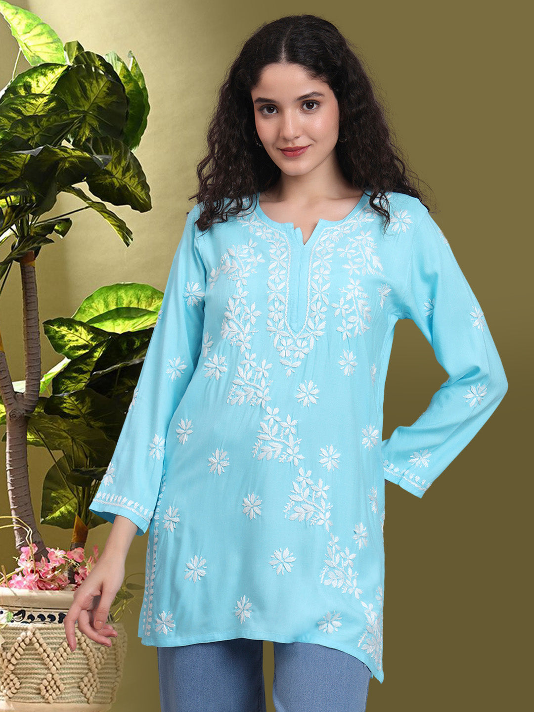 Women Hand Embroidered Chikankari Rayon Kurti-AL4071 Sky Blue