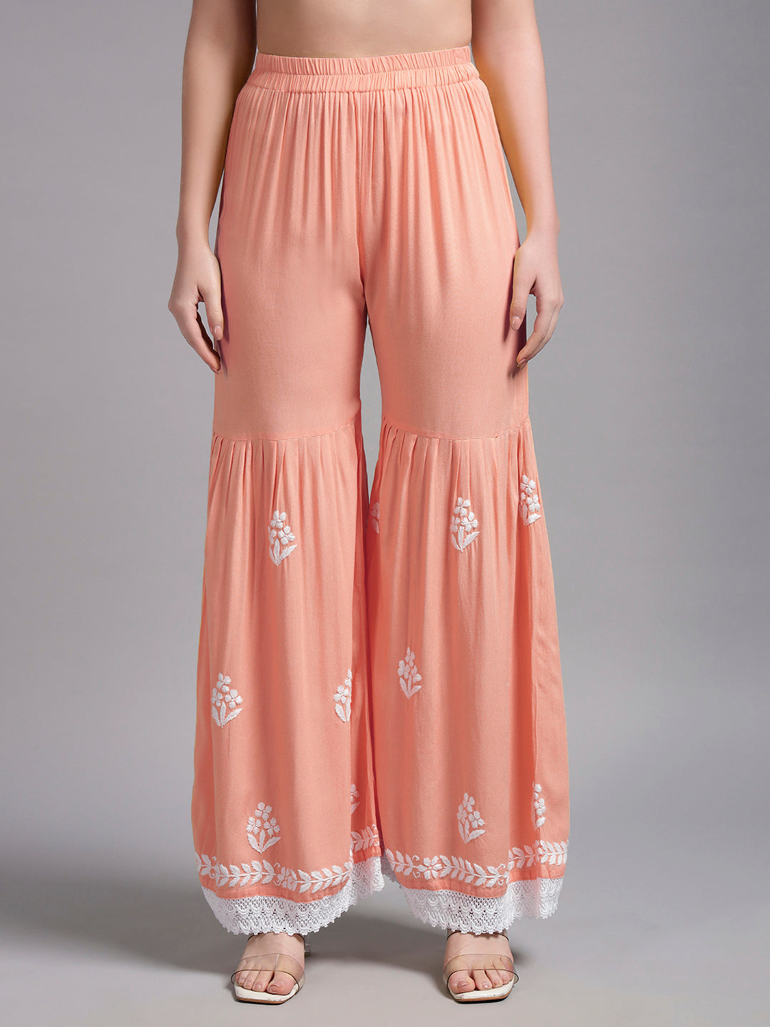 Women Hand Embroidered Lucknowi Chikankari Rayon Kurta Set-AL4077KS Peach