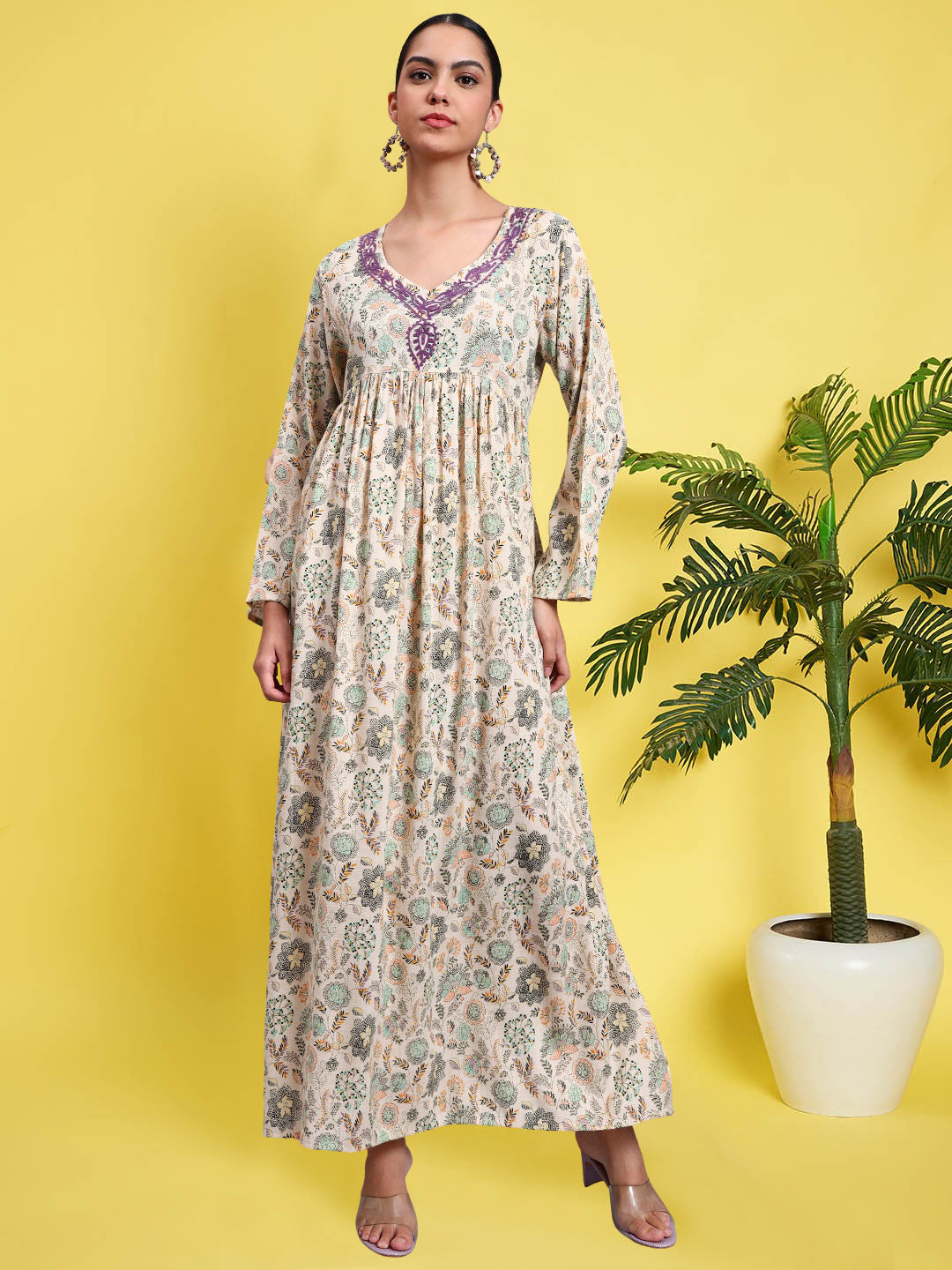 Women's Printed Rayon Jalabiya with Embroidered Neck-AL4067 Mauve