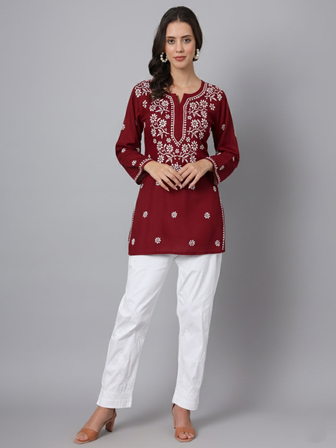 Women Hand Embroidered Modal Chikankari Kurti-AL3611 Maroon