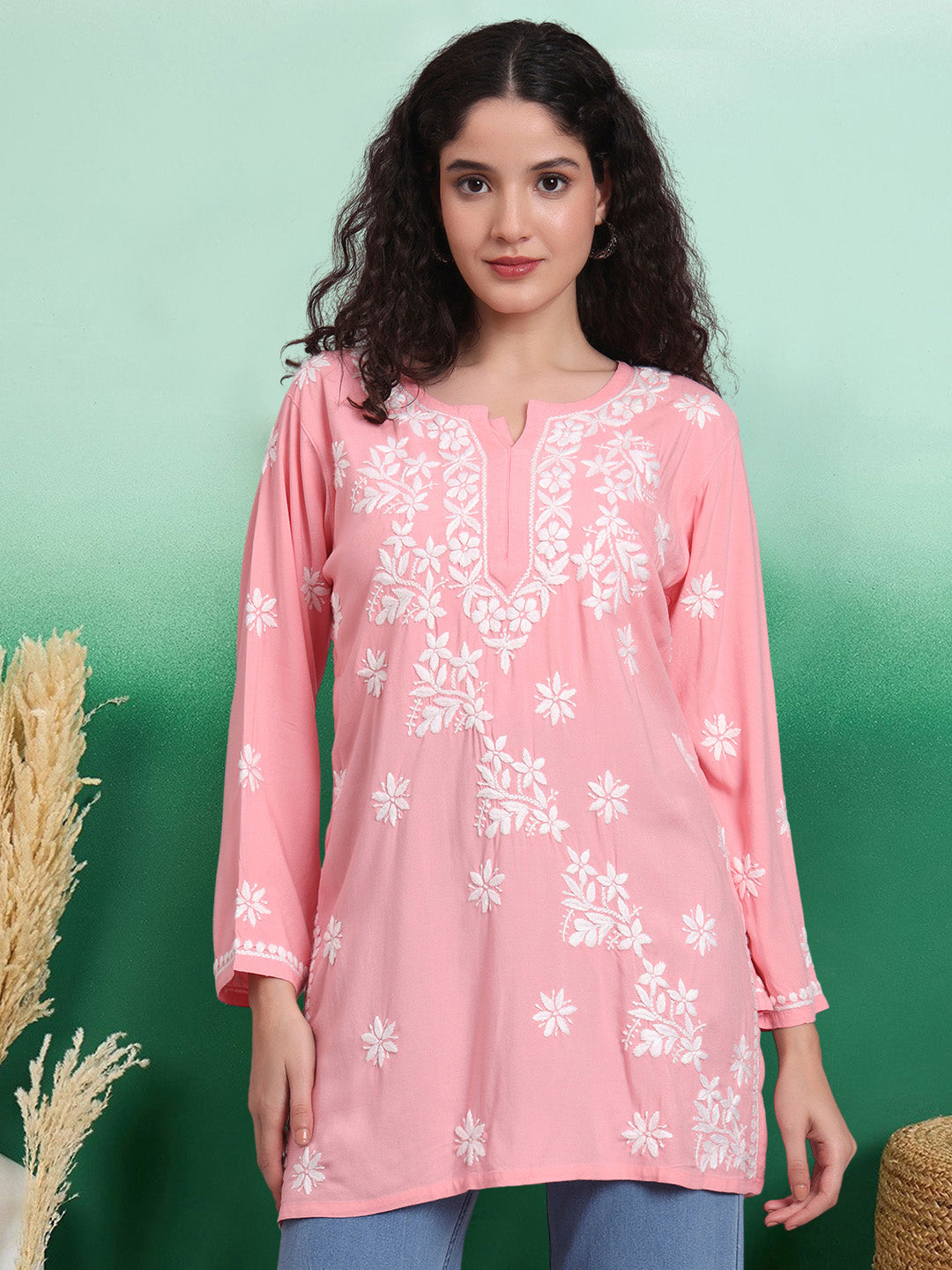 Women Chikankari Hand Embroidered Rayon Kurti -AL4071 Peach