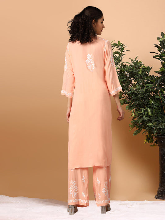 Women Hand Embroidered Chikankari Modal Kurta Set-AL3600KS Peach
