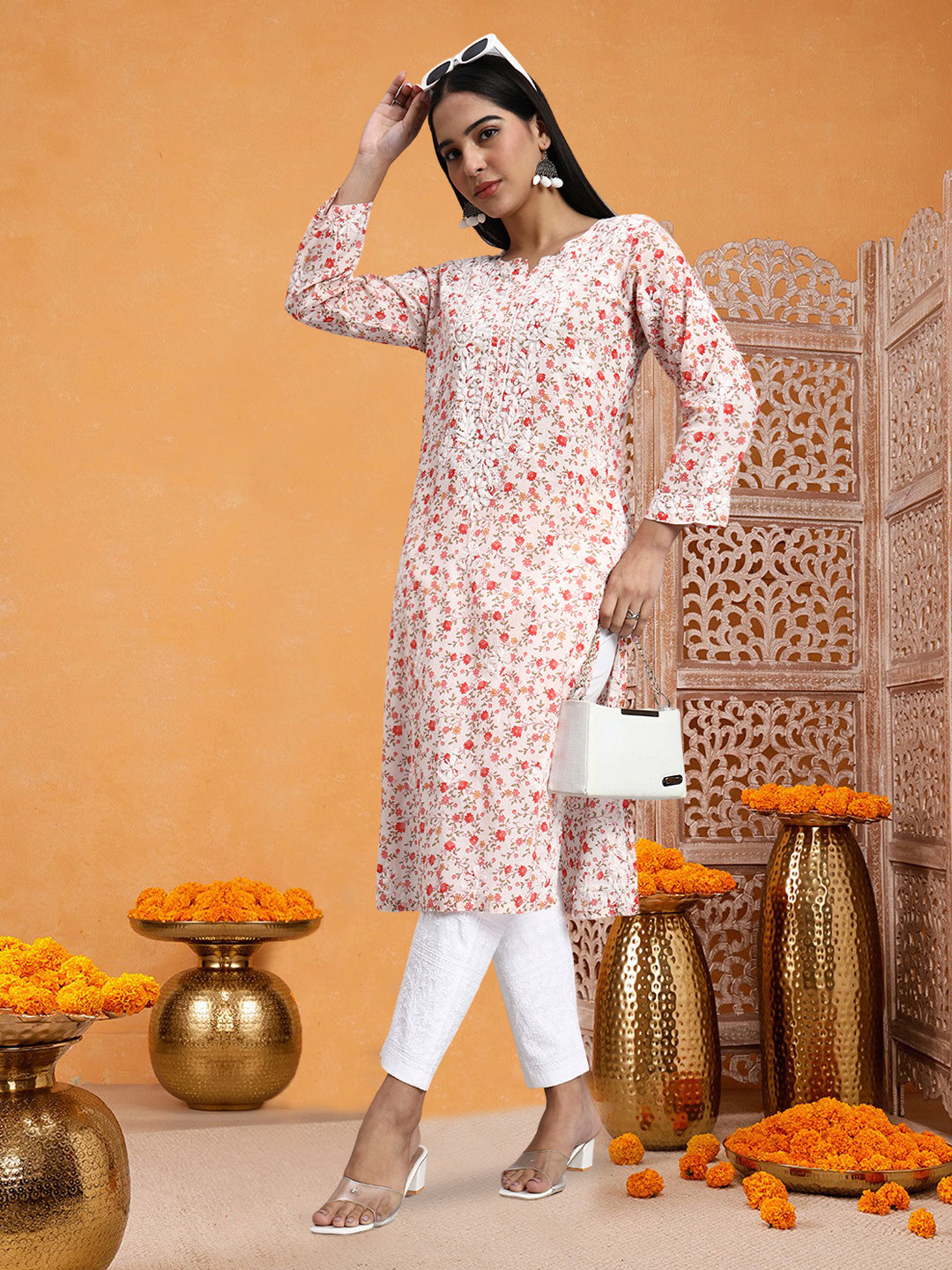 Hand Embroidered Chikankari Cotton Kurta-AL4105 Red