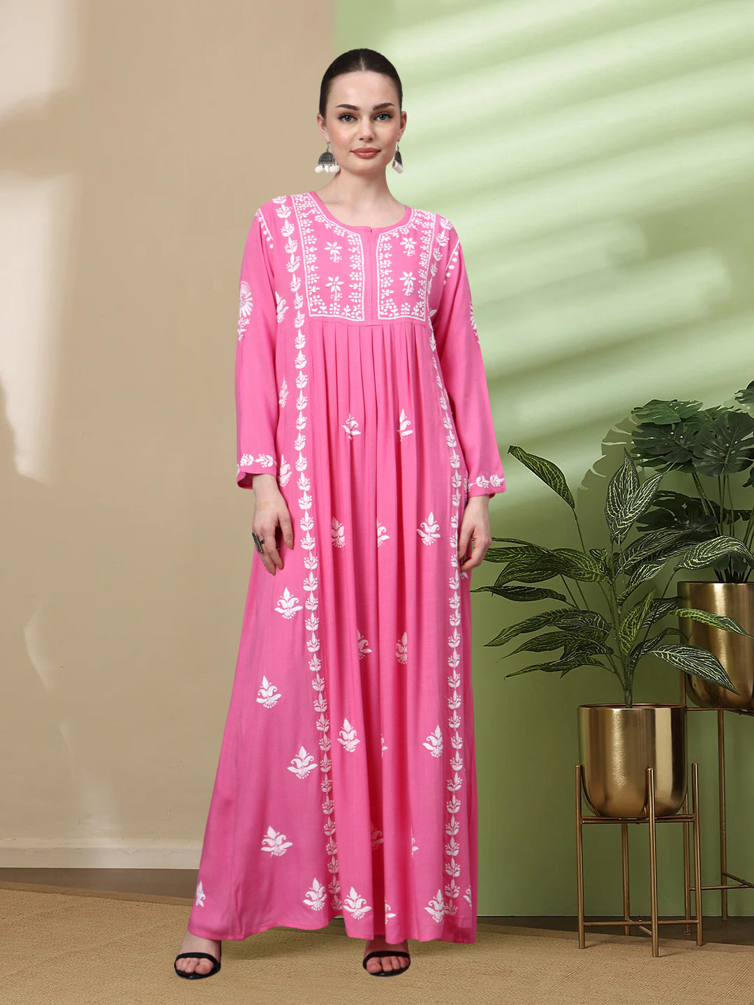 Hand Embroidered Chikankari Rayon Jalabiya-AL4121 Darkpink