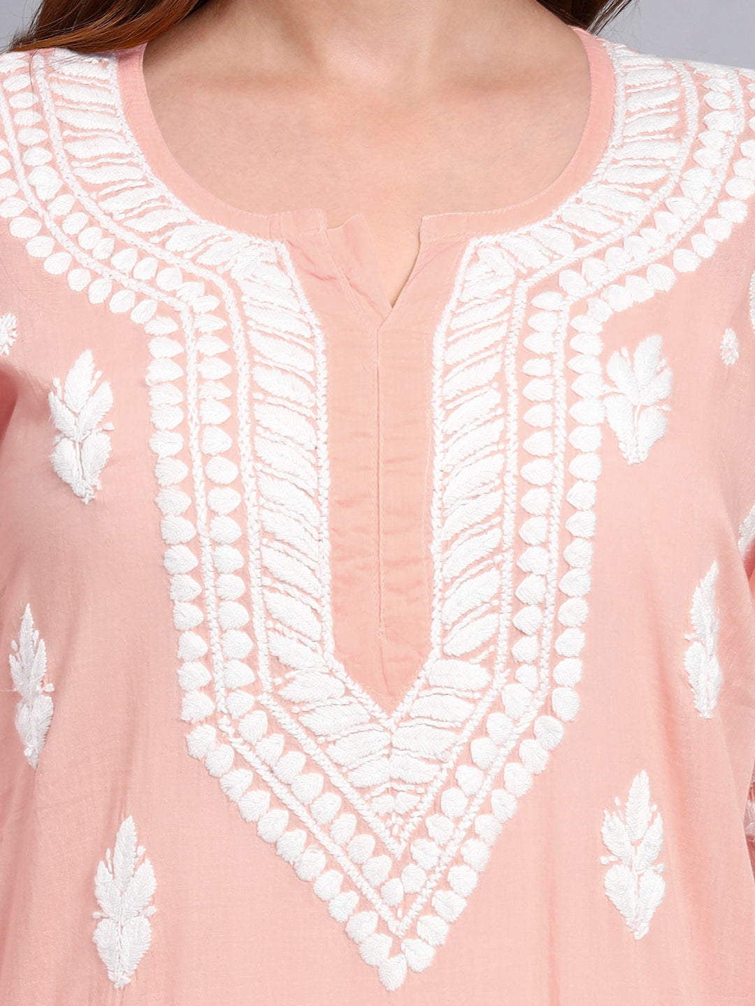 Women Hand Embroidered Chikankari Mulmul Kurti -AL3723 Peach