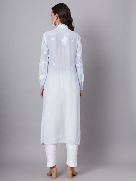 Women Hand Embroidered Chikankari Muslin Kurta-AL3888 Blue