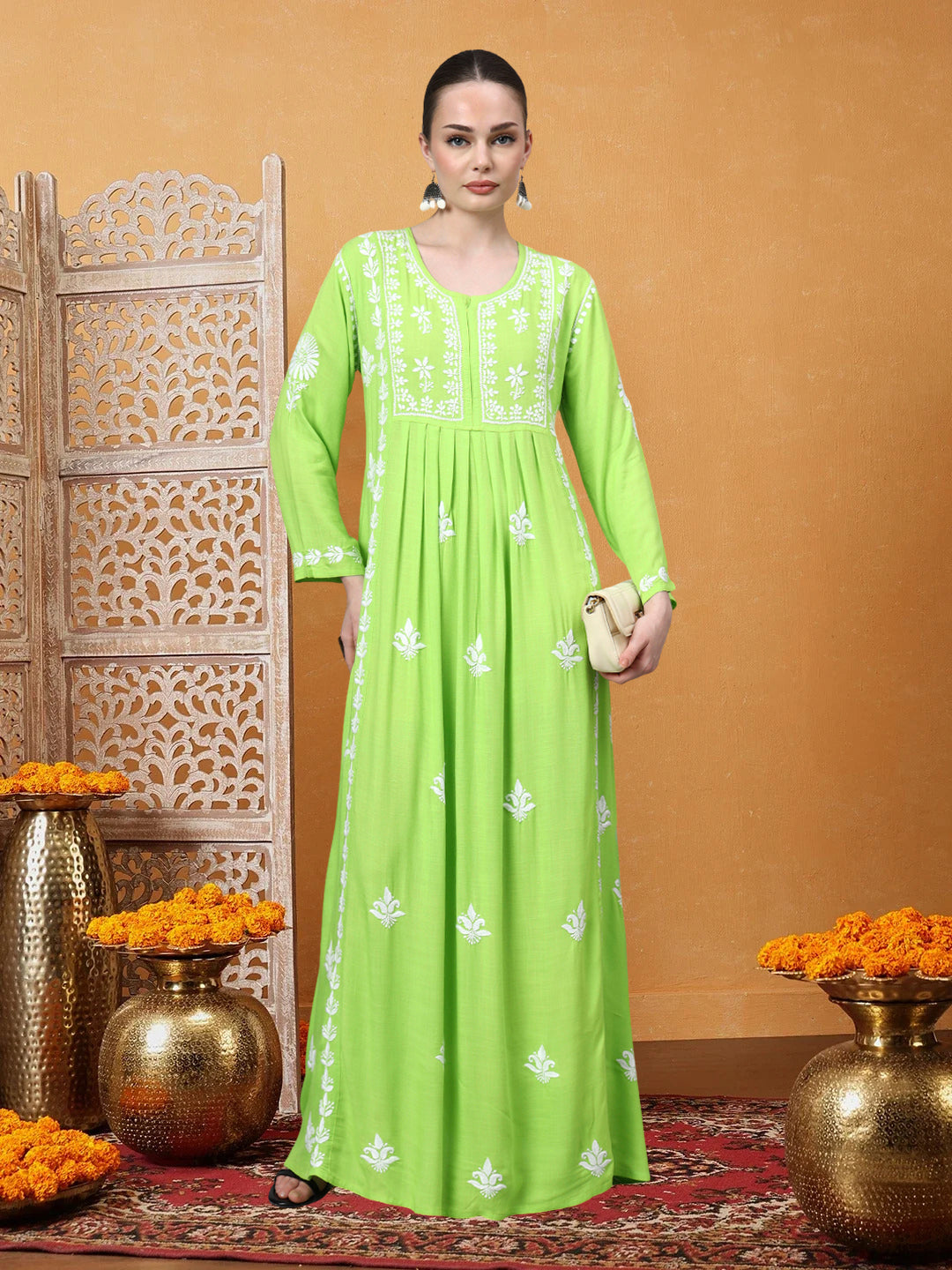 Hand Embroidered Chikankari Rayon Jalabiya-AL4121 Green