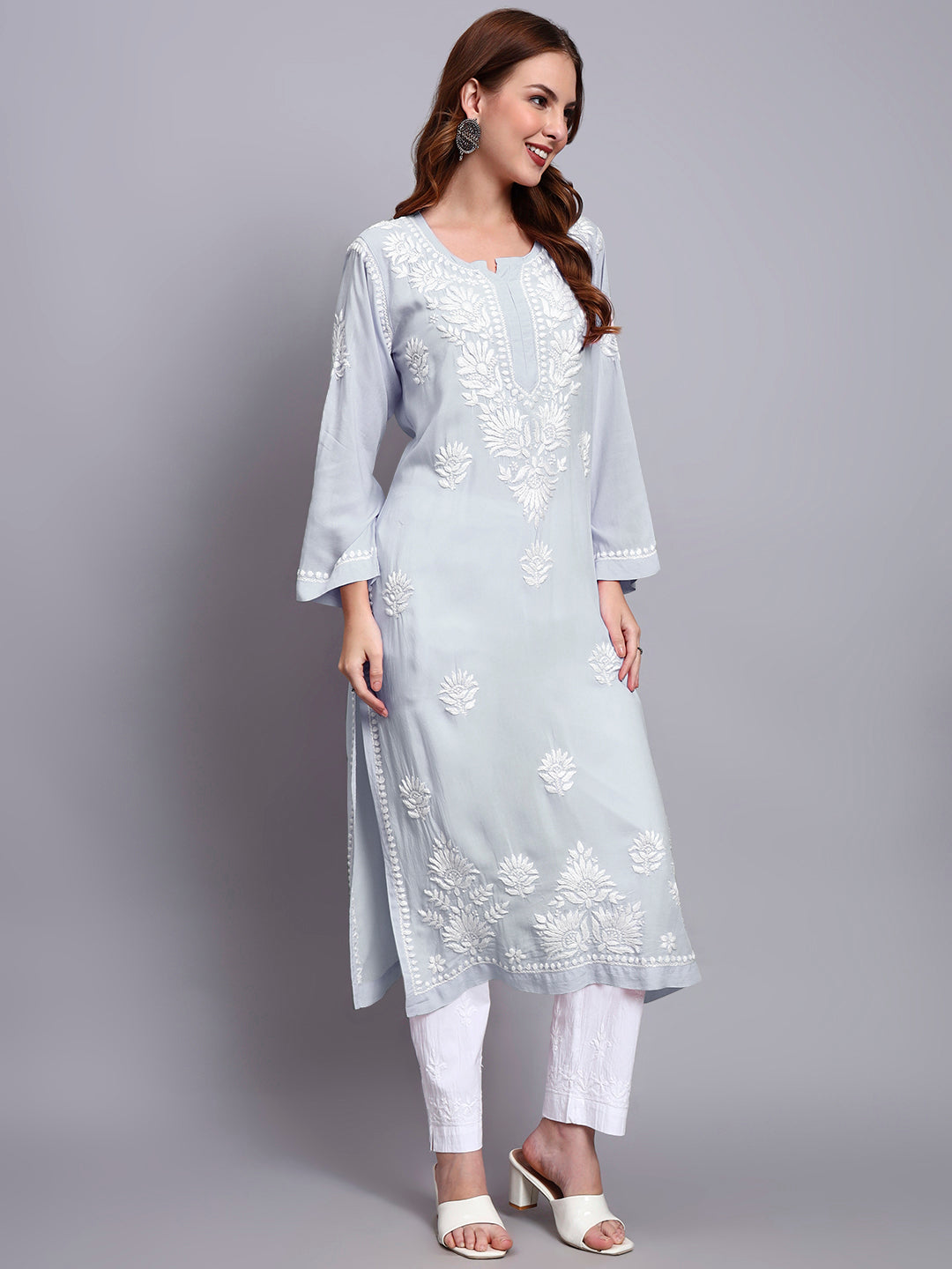Hand Embroidered Chikankari Modal Straight Kurta-AL3683 Teal