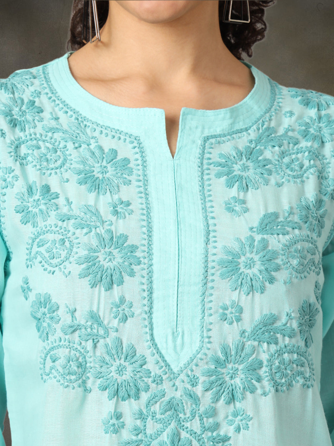 Hand Embroidered Chikankari Cotton Straight Short Kurti-AL3405 Seagreen