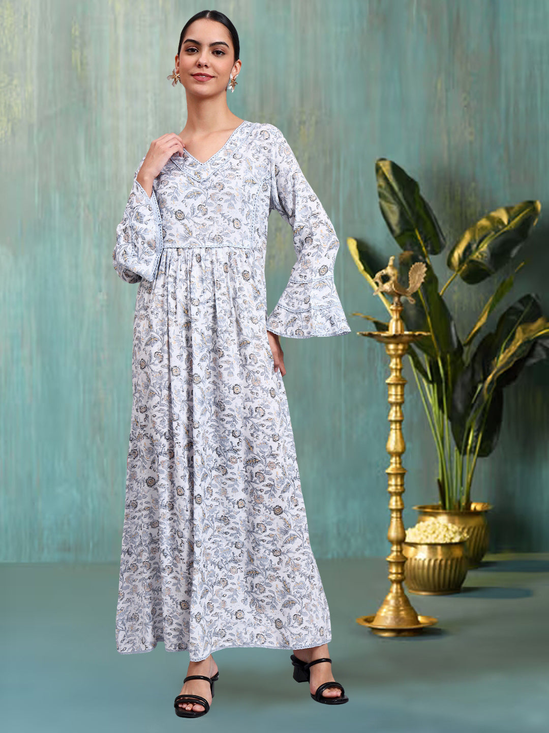 Women Floral Printed Rayon Jalabiya with Flared Sleeves & V-Neckline-AL4011 Dustygrey