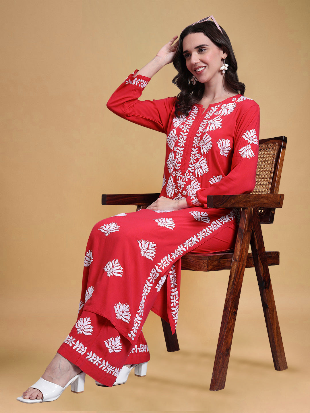 Women Hand Embroidered Chikankari Rayon Kurta Set-AL4084KS Red