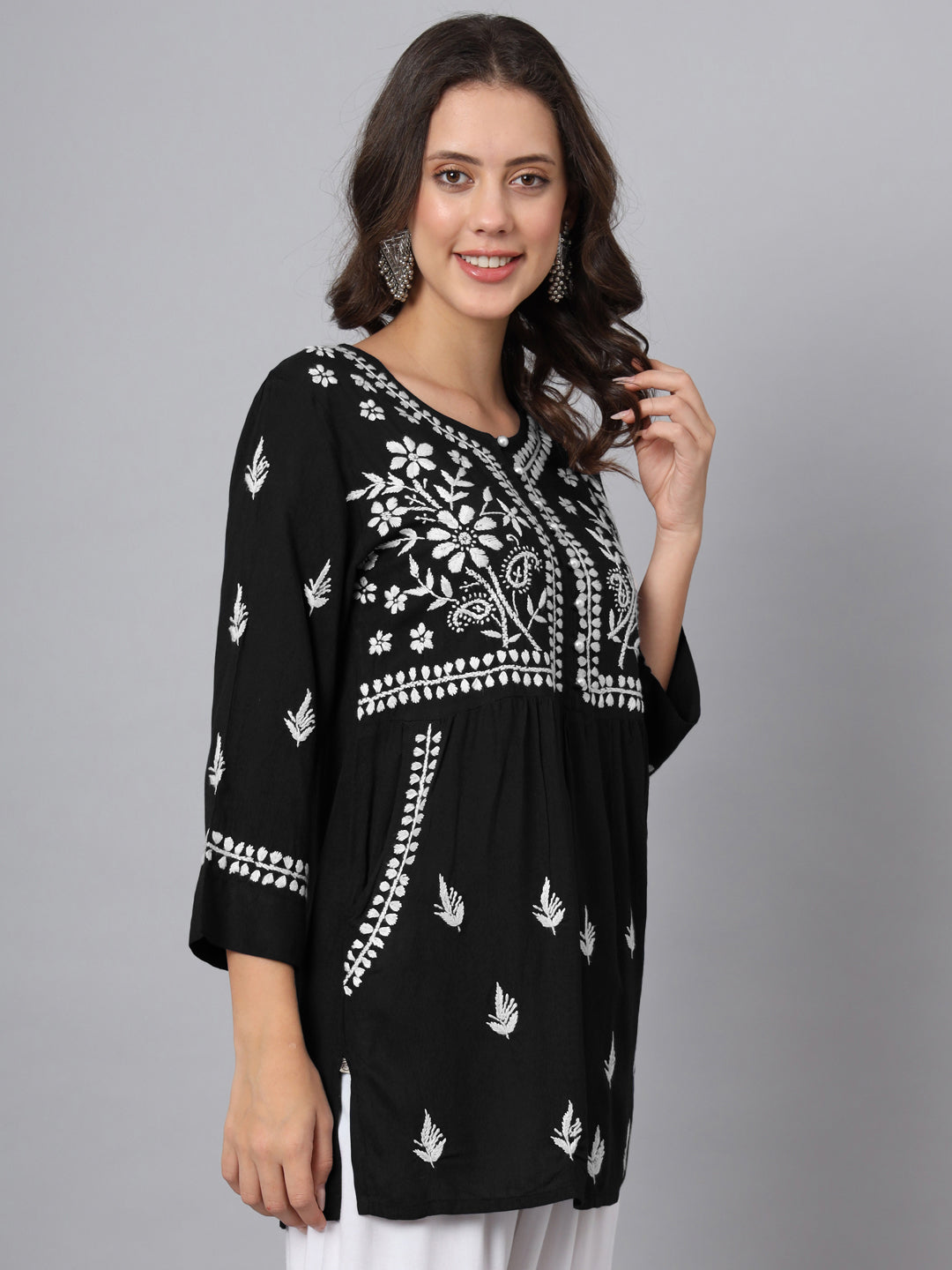 Women Hand Embroidered Chikankari Rayon Kurti with Pockets-AL3696 Black