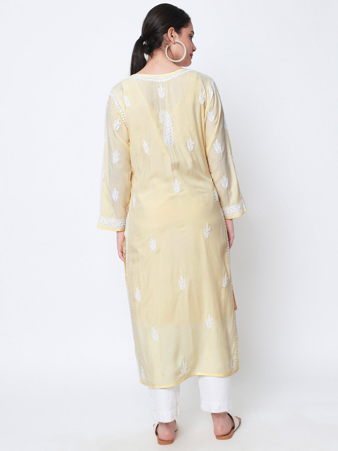 Women Hand Embroidered Chikankari Modal Kurta-AL3584 Yellow