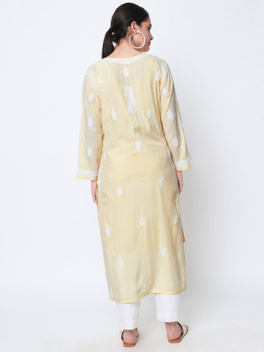 Women Hand Embroidered Chikankari Cotton Kurta-AL3584 Yellow