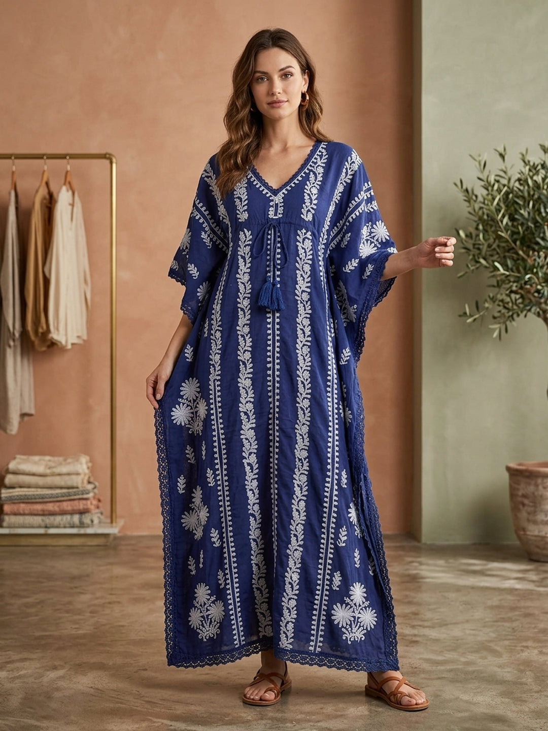 Hand Embroidered Chikankari Cotton Kaftan-AL2480 Navyblue