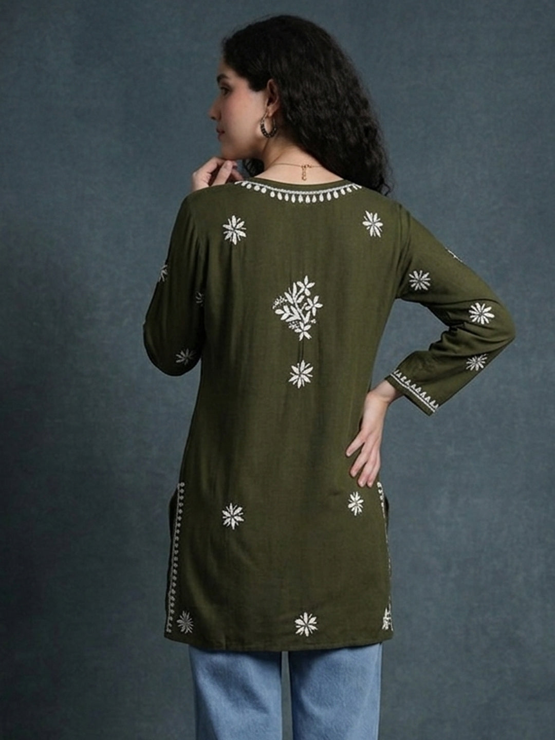 Women Chikankari Hand Embroidered Rayon Kurti -AL4071 Olive