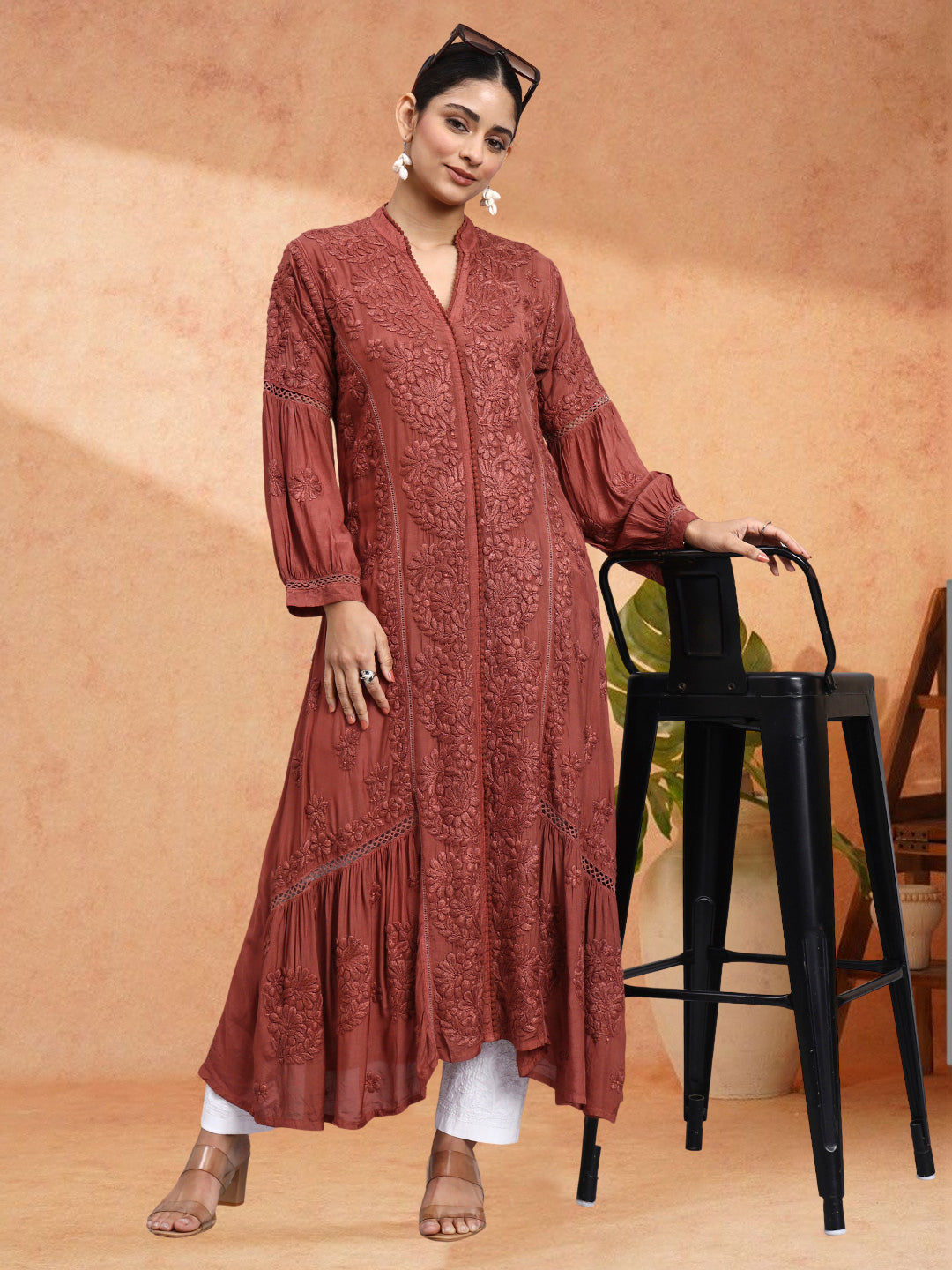 Hand Embroidered Chikankari Muslin Kurta-AL4100 Brown