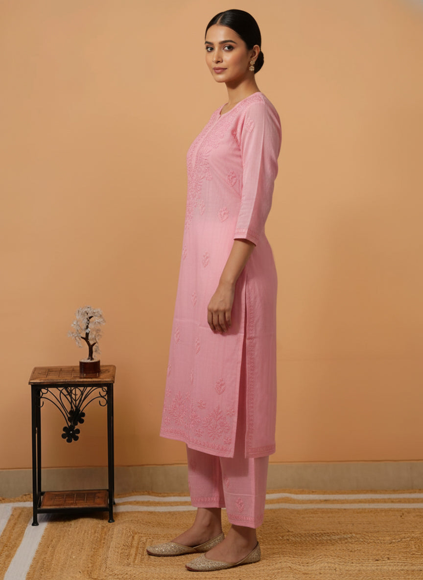 Women Hand Embroidered Chikankari Muslin Kurta Set-AL4104KS Blue