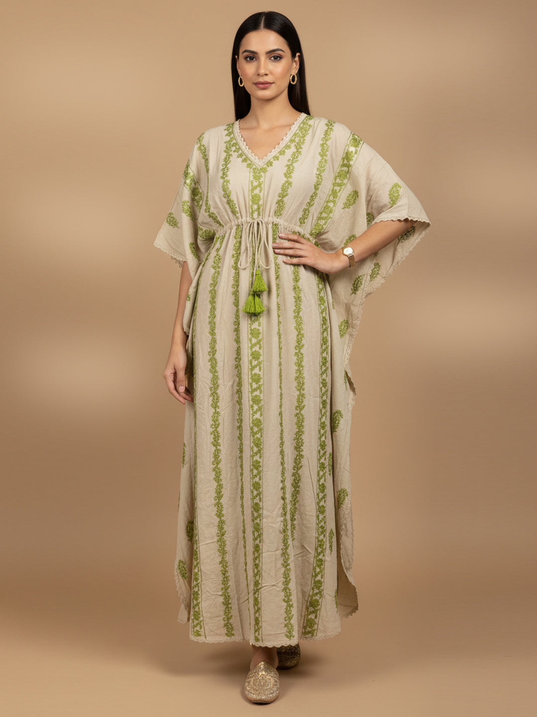 Hand Embroidered Chikankari Rayon Kaftan-AL3474 Green