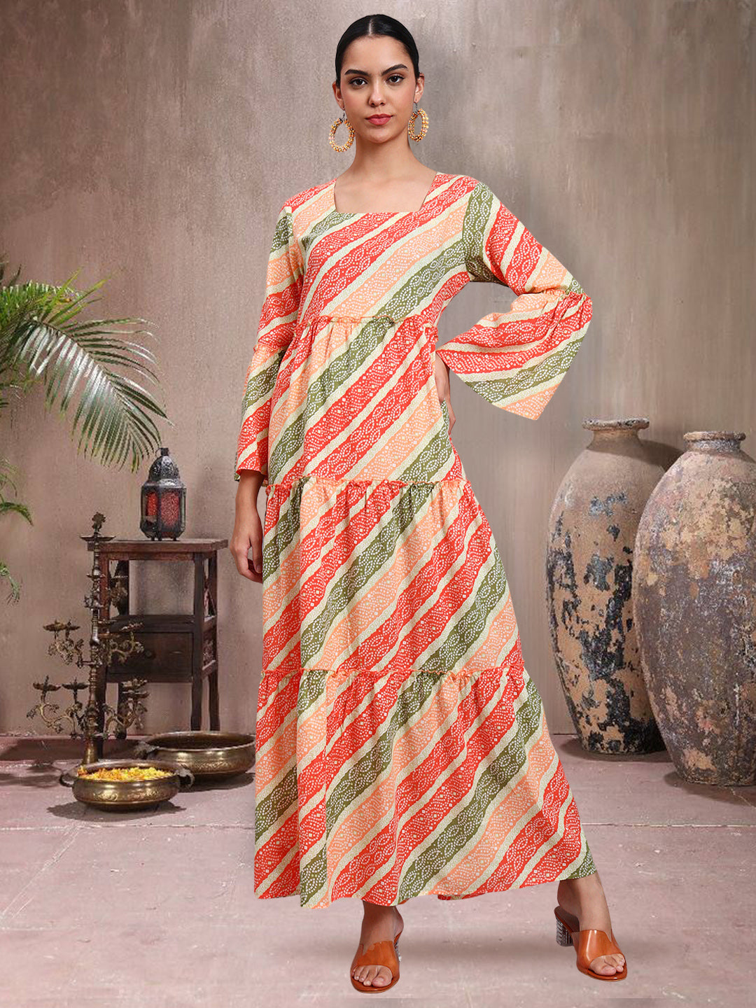 Women Printed Cotton Jalabiya with Bell Sleeves & Square Neckline-AL4050 Orange
