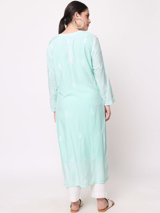 Women Hand Embroidered Chikankari Cotton Kurta-AL3584 Seagreen