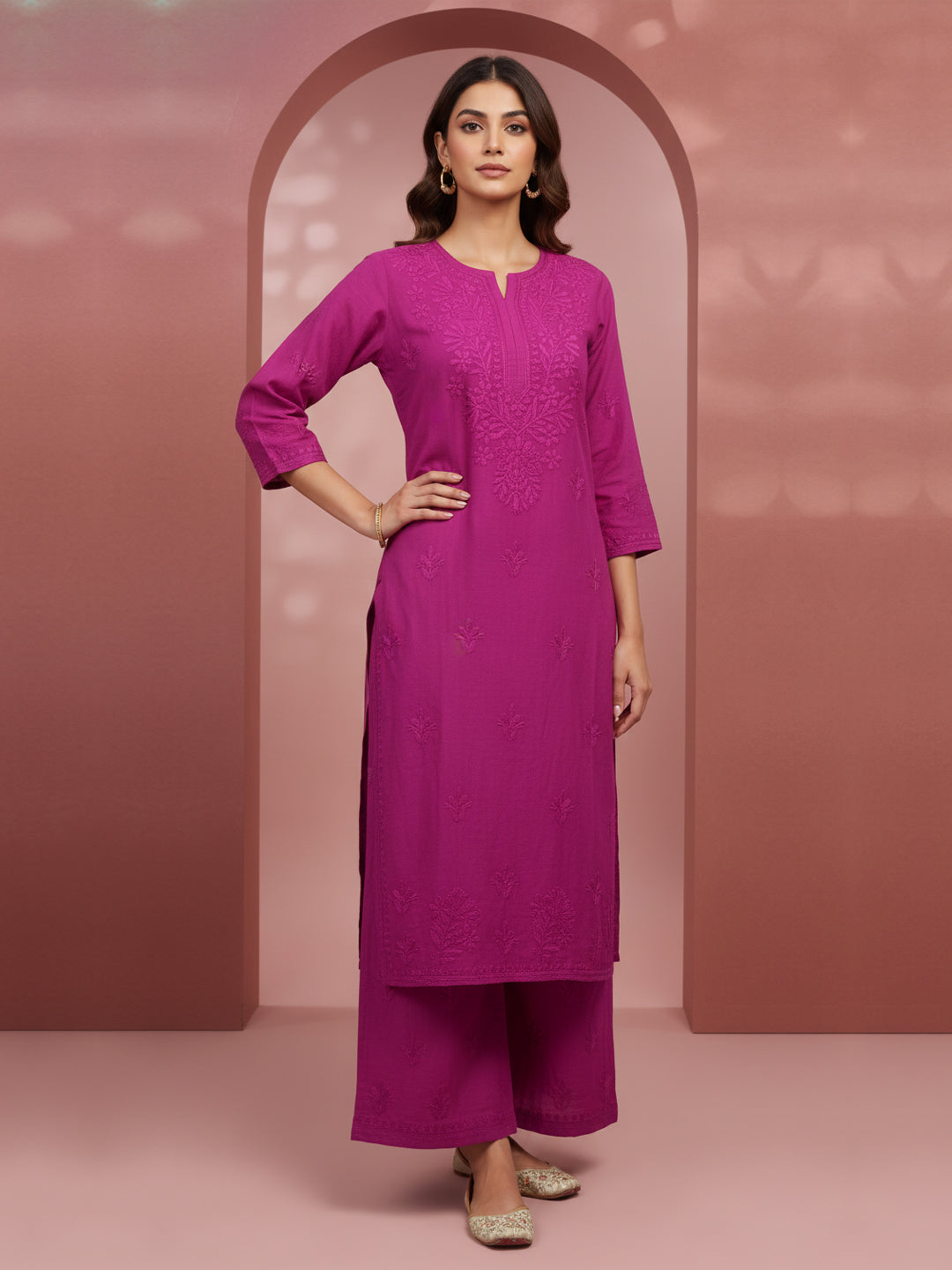 Women Hand Embroidered Chikankari Chanderi Kurta Set-AL4106KS Magenta