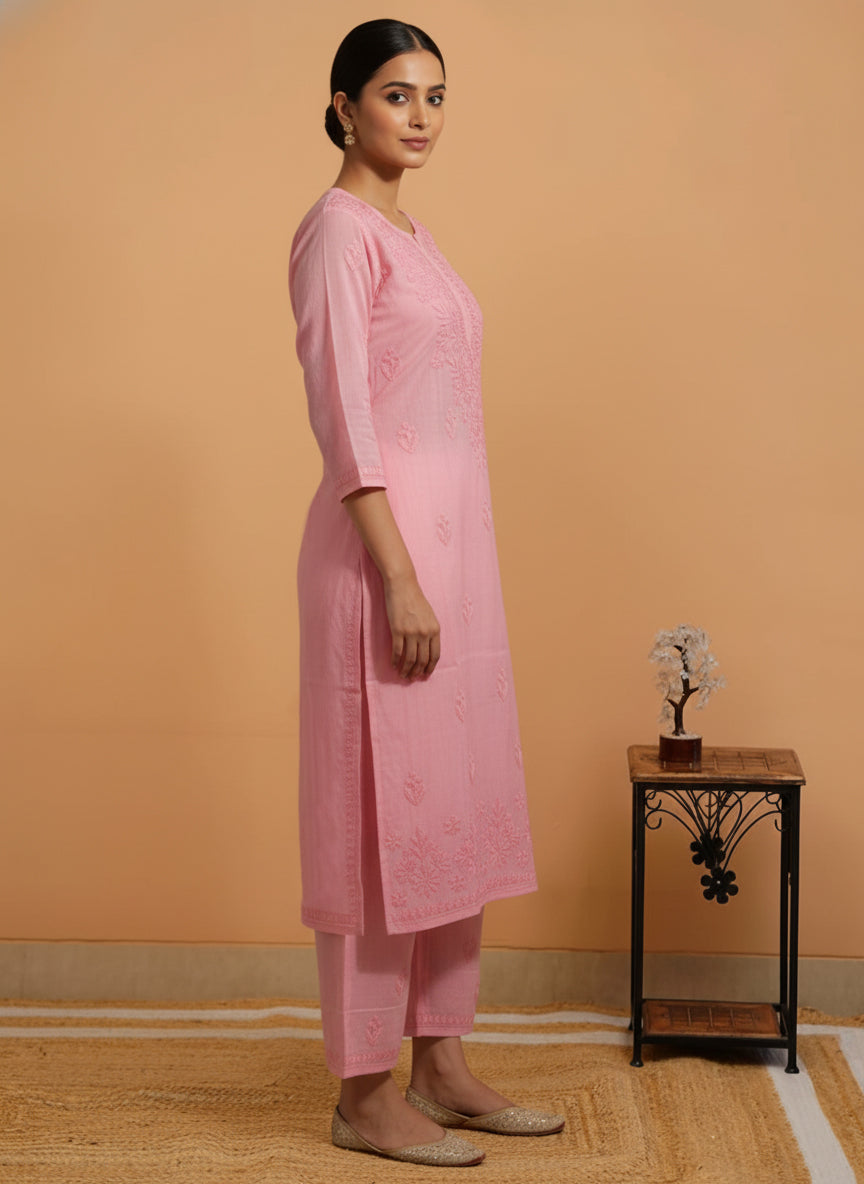 Women Hand Embroidered Chikankari Muslin Kurta Set-AL4104KS Blue
