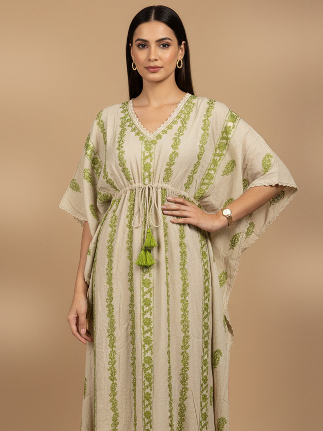 Hand Embroidered Chikankari Rayon Kaftan-AL3474 Green