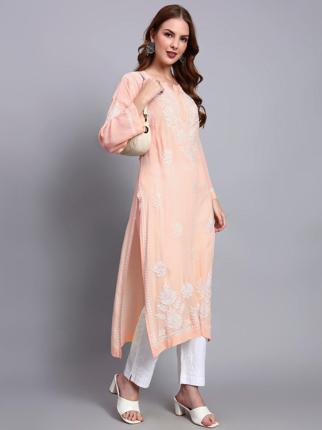 Hand Embroidered Chikankari Modal Straight Kurta-AL3683 Peach