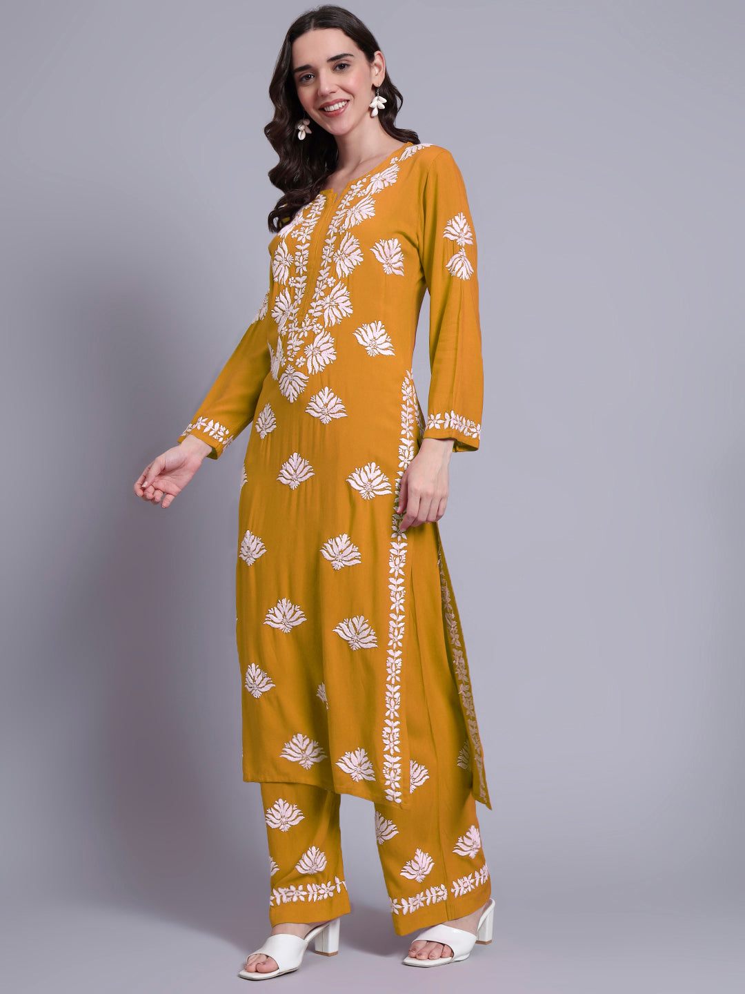 Women Hand Embroidered Chikankari Rayon Kurta Set-AL4084KS Mustard Yellow