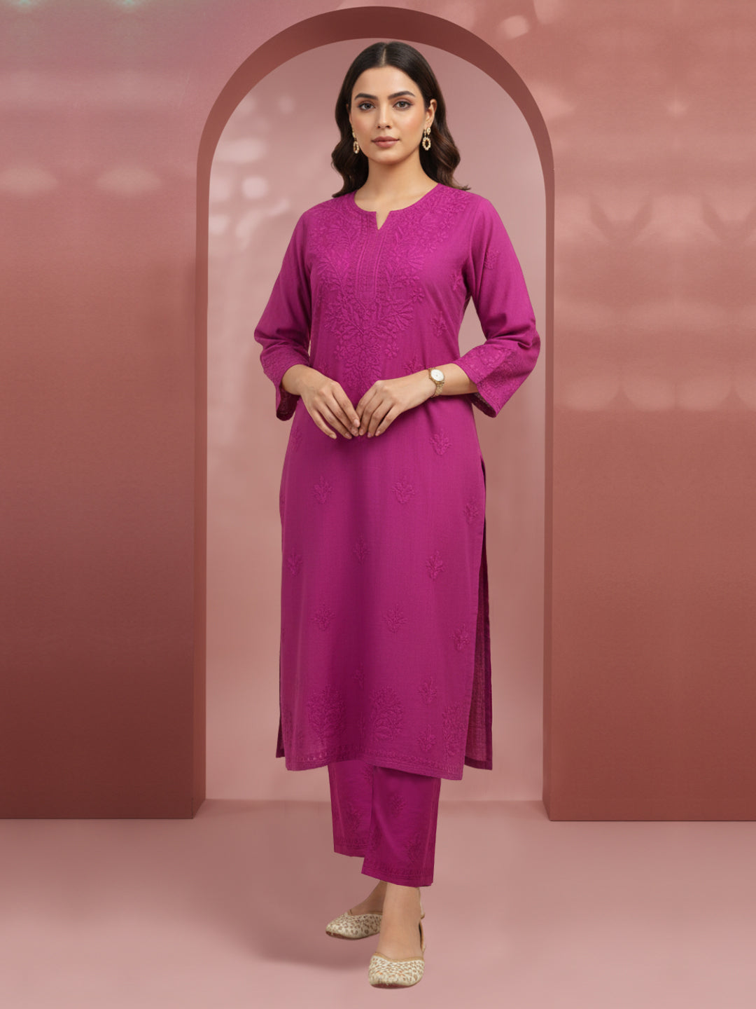 Women Hand Embroidered Chikankari Chanderi Kurta Set-AL4106KS Magenta