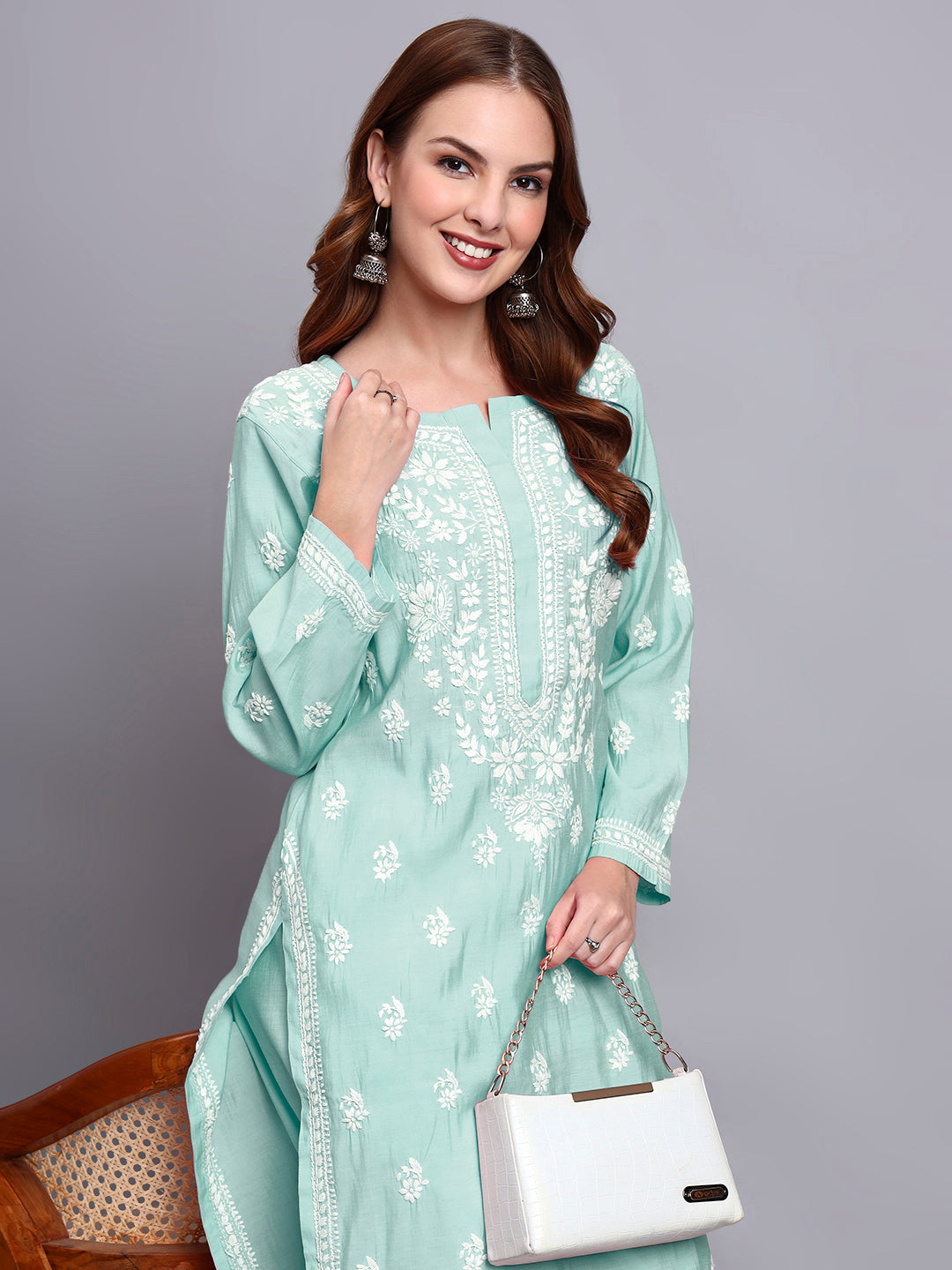 Women Hand Embroidered Chikankari Chanderi Kurta Set-AL4089KS Sea Green