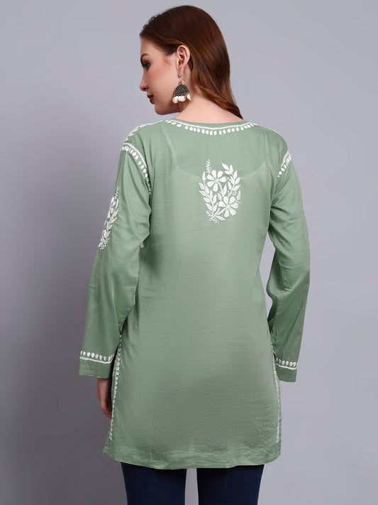 Women Hand Embroidered Chikankari Mulmul Short Top -AL3724 Green