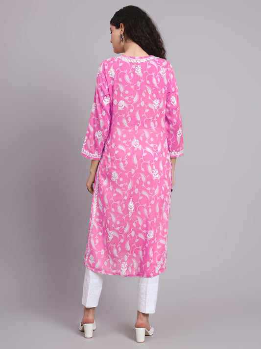 Women Hand Embroidered Chikankari Mul Printed Cotton Kurta-AL4072 Pink