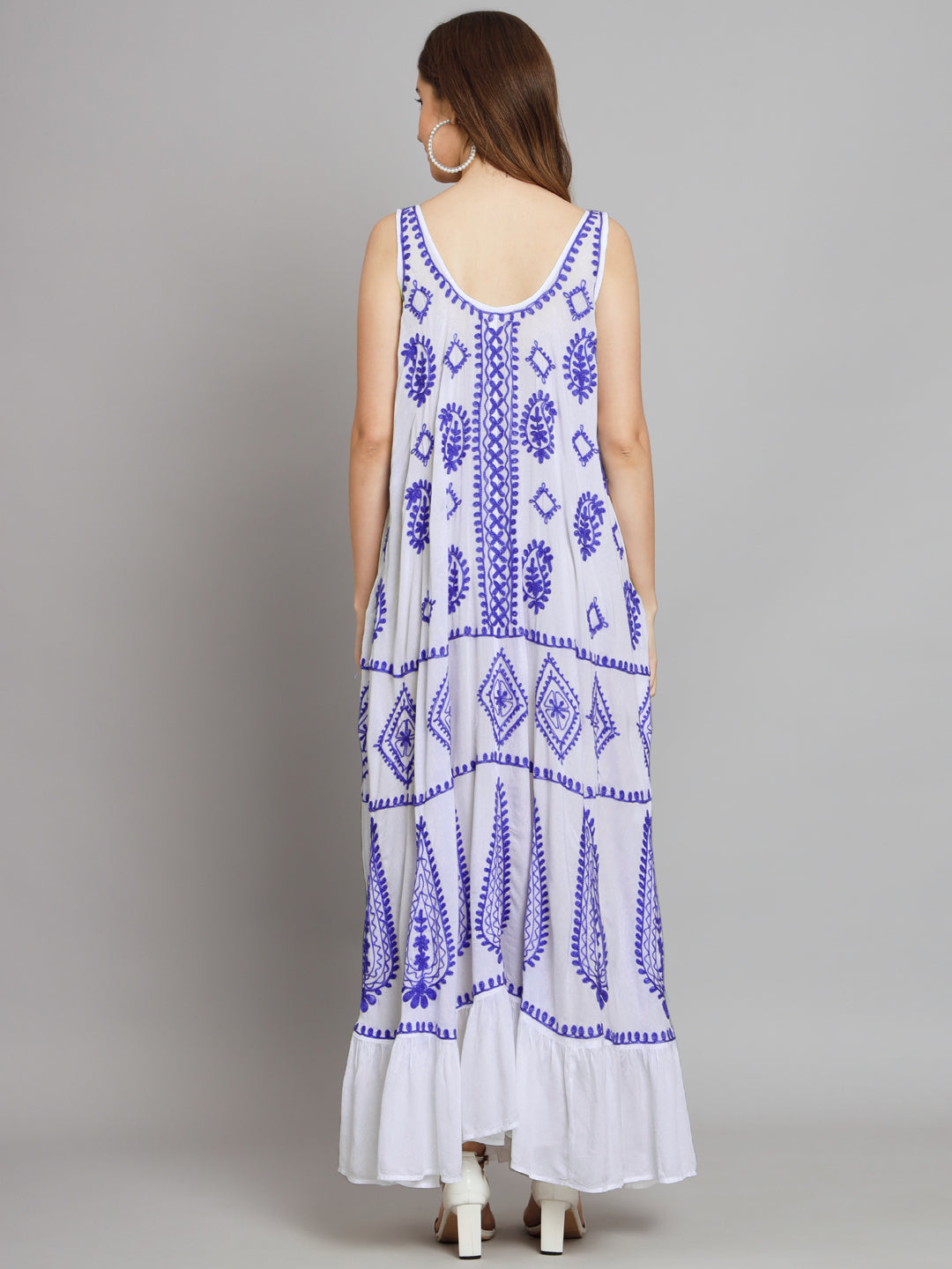 Hand Embroidered Chikankari Modal Kaftan-AL3605B White&Navy