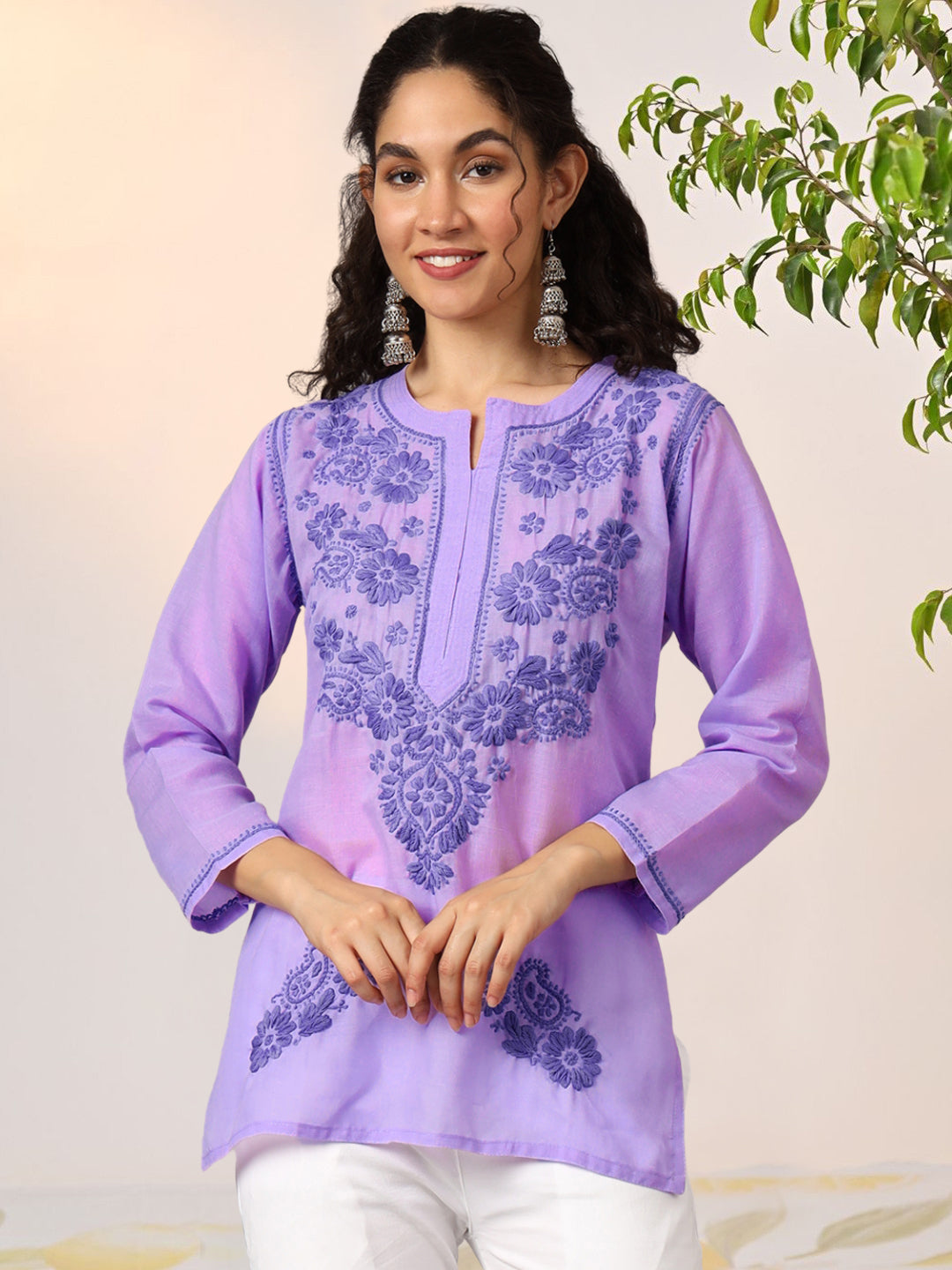 Hand Embroidered Chikankari Cotton Straight Kurti-AL3405 Mauve