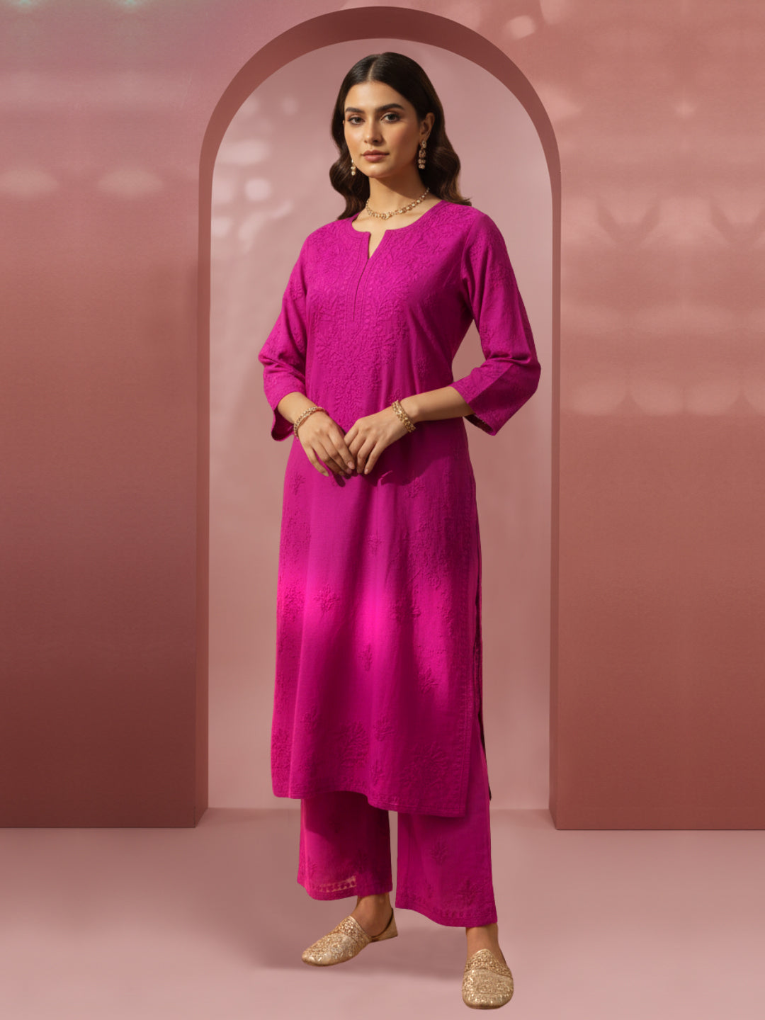Women Hand Embroidered Chikankari Chanderi Kurta Set-AL4106KS Magenta