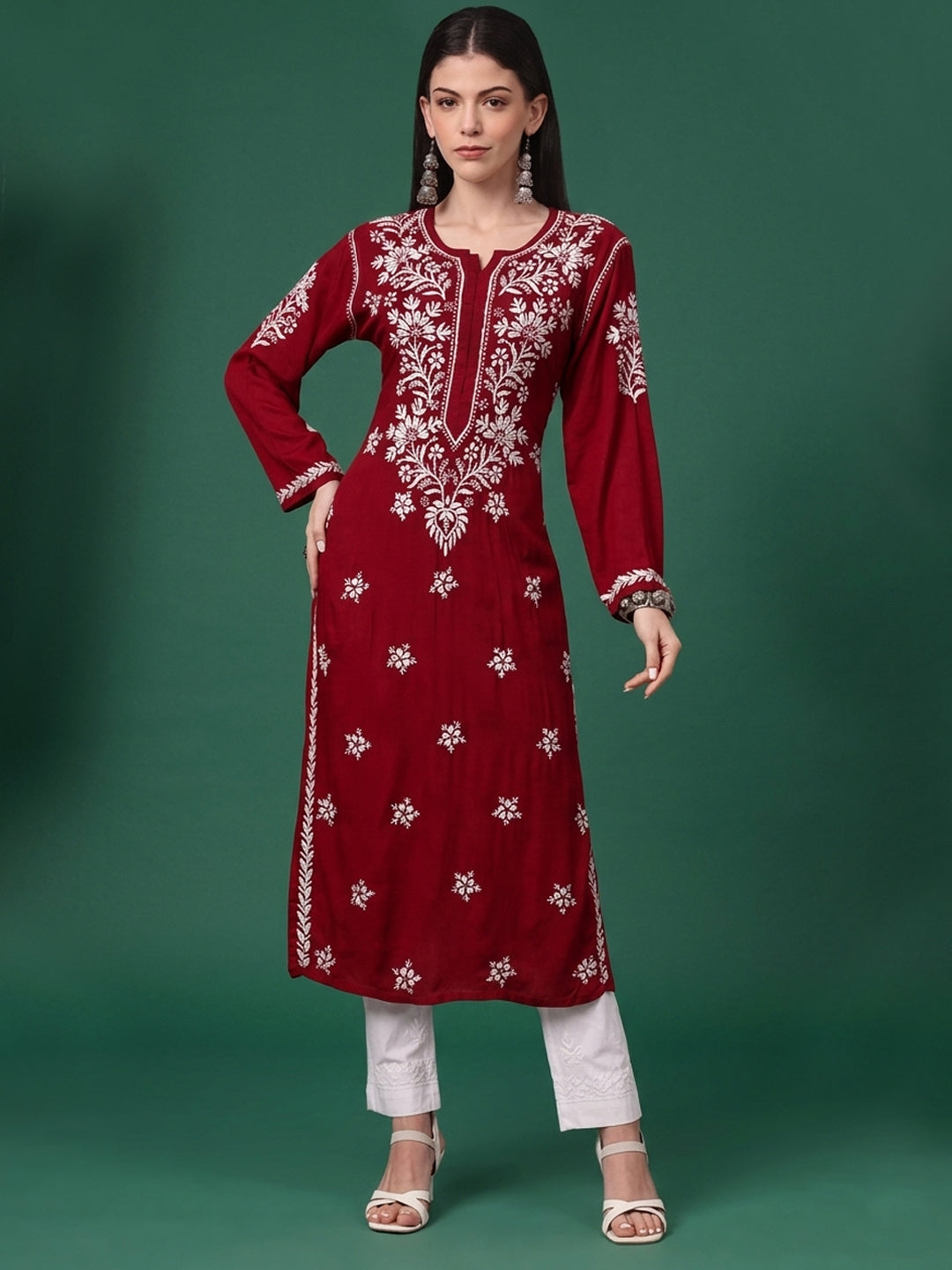 Women Hand Embroidered Modal Chikankari Kurta-AL4059 Red