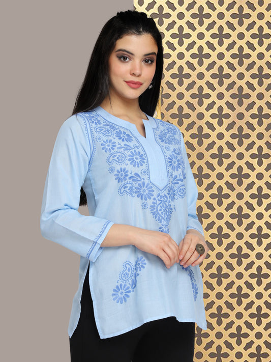 Hand Embroidered Chikankari Cotton Straight Kurti-AL3405 Denim