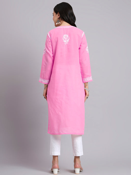Women Hand Embroidered Chikankari Cotton Kurta-AL3999 Pink