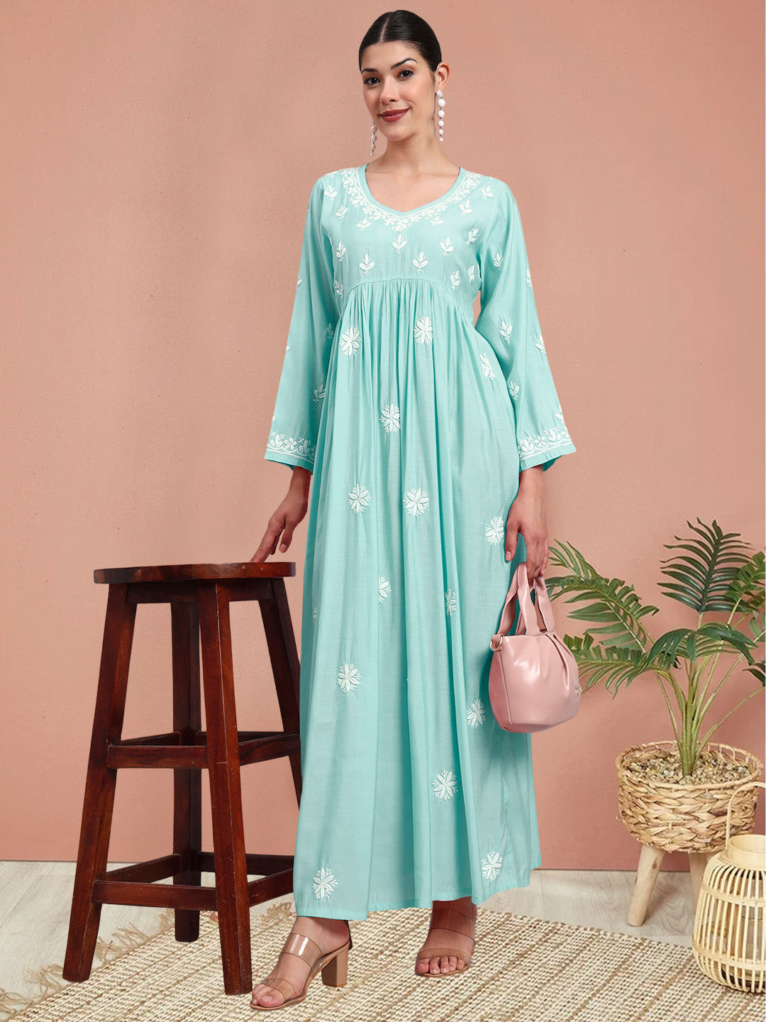 Hand Embroidered Chikankari Chanderi Jalabiya-AL4087 Seagreen