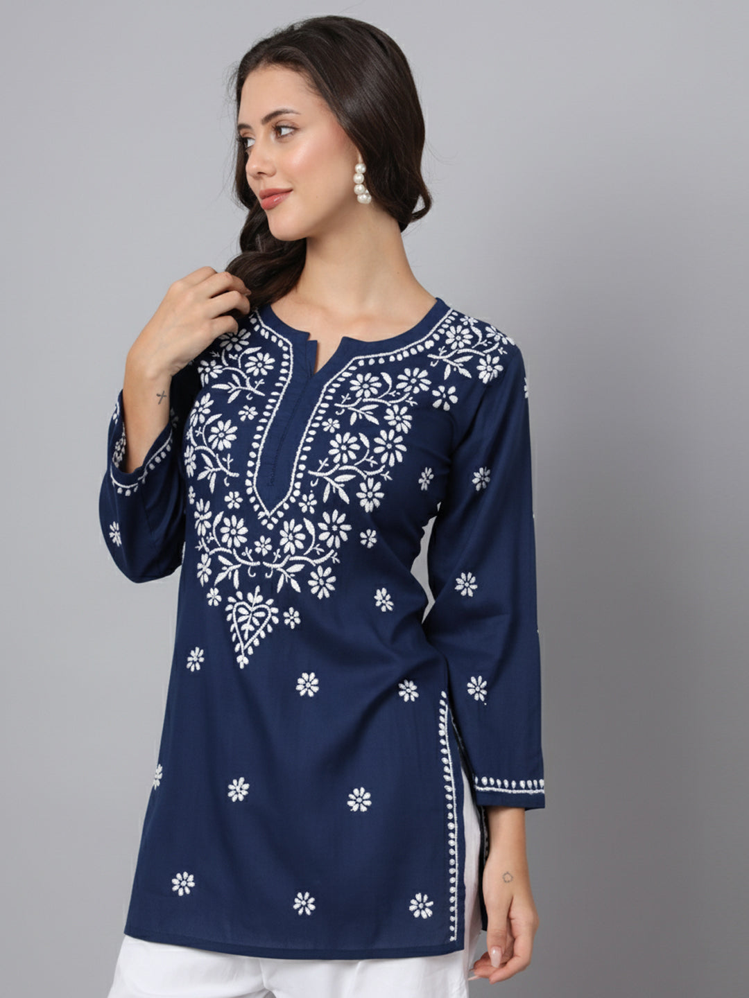 Women Hand Embroidered Modal Chikankari Kurti-AL3611 Navy