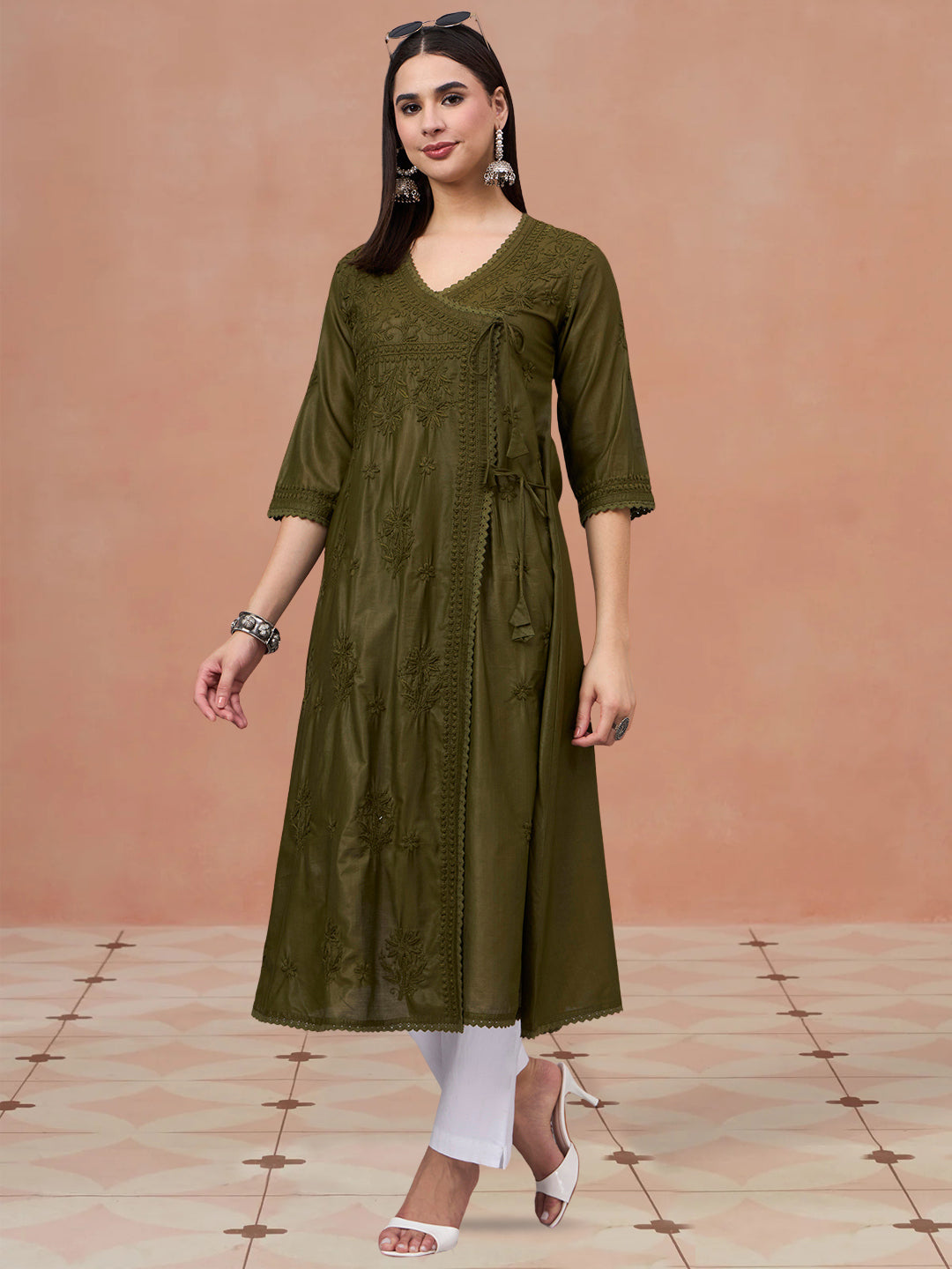 Women chikankari hand Embroidered Chanderi Angrakha kurta-AL3667 Beige